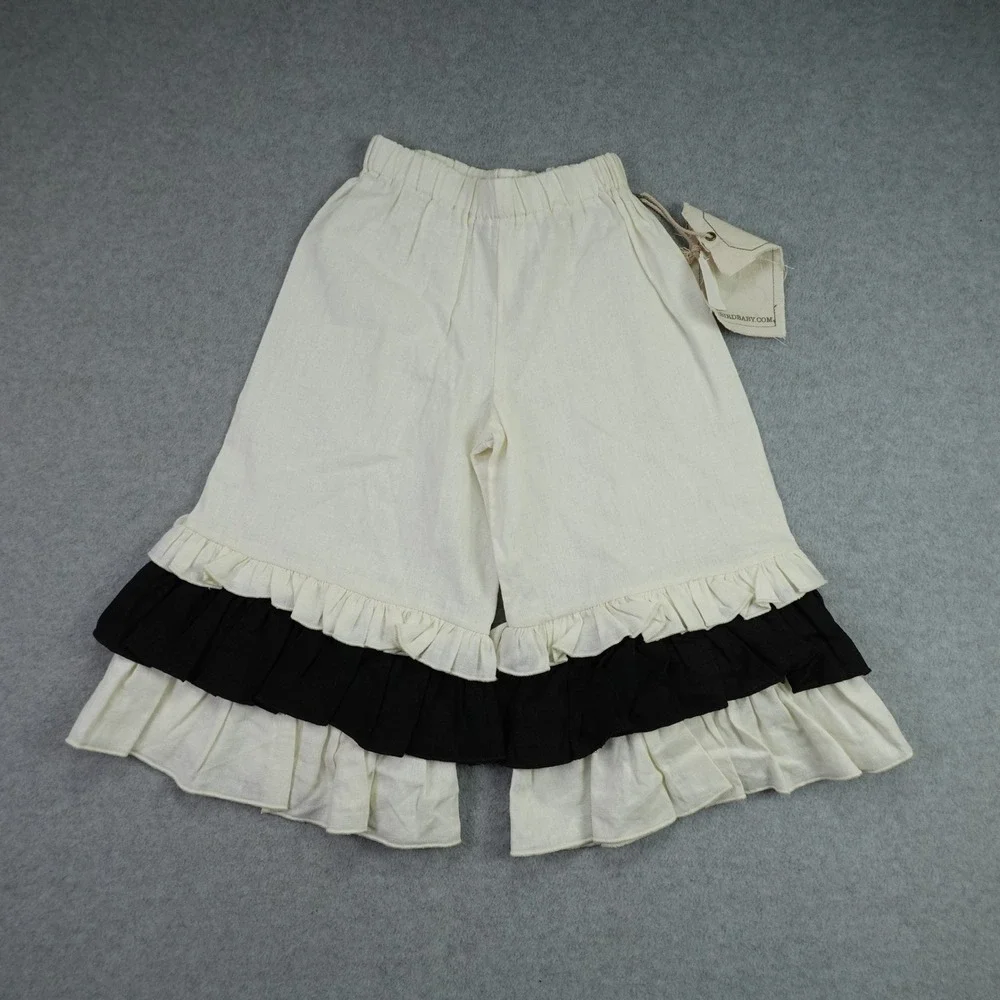 A.Bird Ruffle Outfit Set Girls 2/3 Cream Black Boutique Linen Lacy Pant